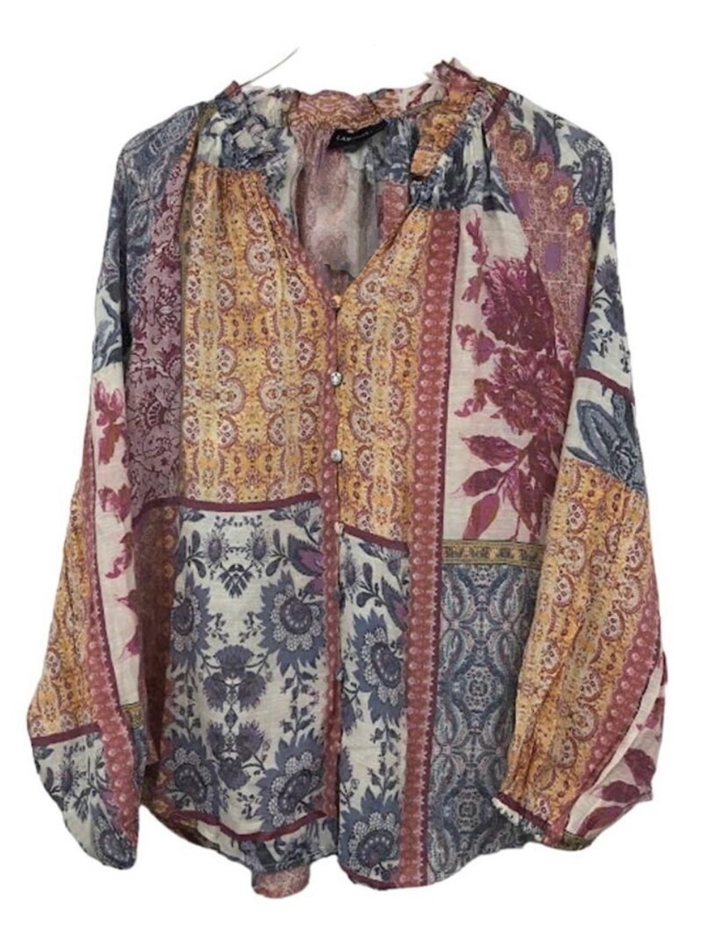 Lane Bryant Classic Long Sleeve Split Neck Button Down Shirt 14/16 Patchwork
